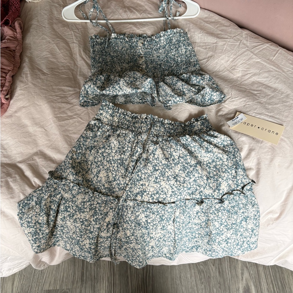 Paper Crane Floral Two-Piece Dress - Blue and White
